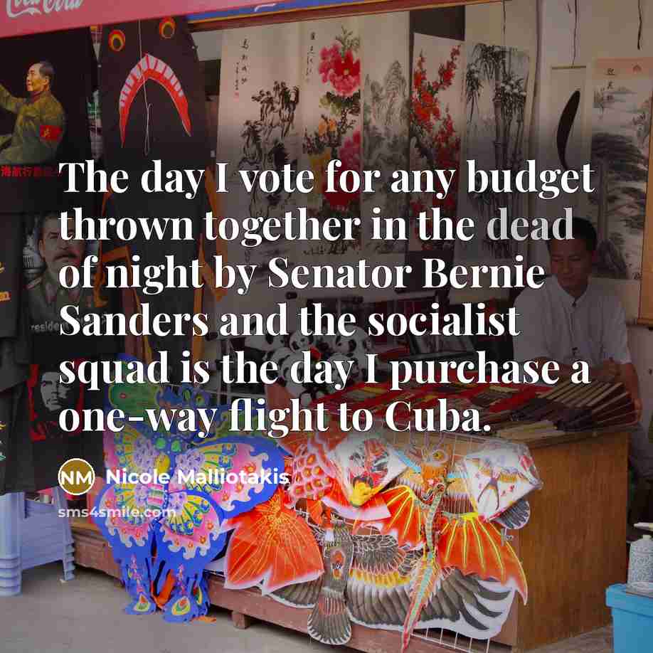 “The day I vote for any budget thrown together in the dead of night by Senator Bernie Sanders and the socialist squad is the day I purchase a one-way flight to Cuba.” quote by Nicole Malliotakis