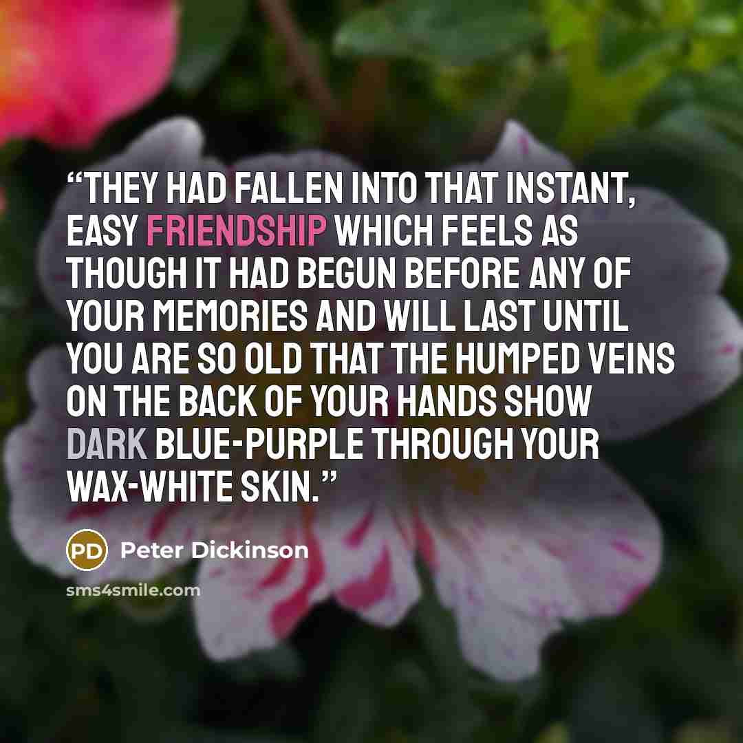 “They had fallen into that instant, easy friendship which feels as though it had begun before any of your memories and will last until you are so old that the humped veins on the back of your hands show dark blue-purple through your wax-white skin.” quote by Peter Dickinson