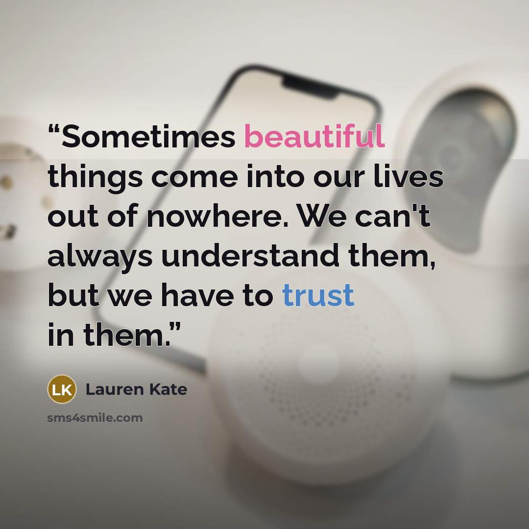 “Sometimes beautiful things come into our lives out of nowhere. We can't always understand them, but we have to trust in them.” quote by Lauren Kate
