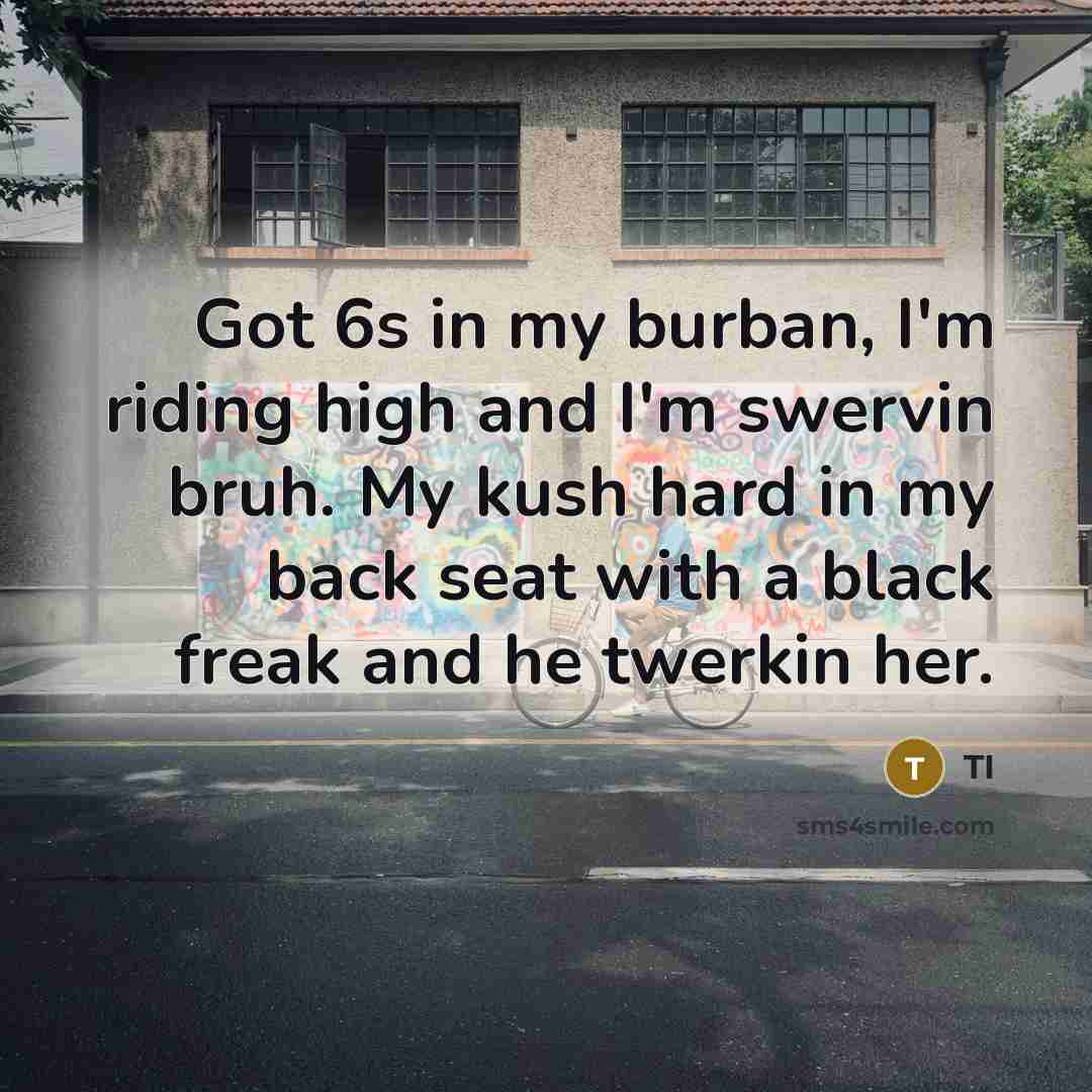 “Got 6s in my burban, I'm riding high and I'm swervin bruh. My kush hard in my back seat with a black freak and he twerkin her.” quote by TI