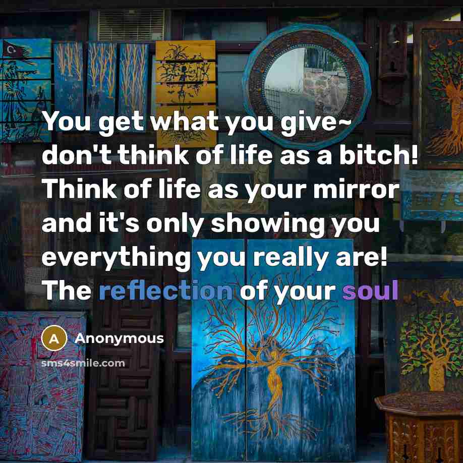 “You get what you give~ don't think of life as a bitch! Think of life as your mirror and it's only showing you everything you really are! The reflection of your soul” quote by Anonymous