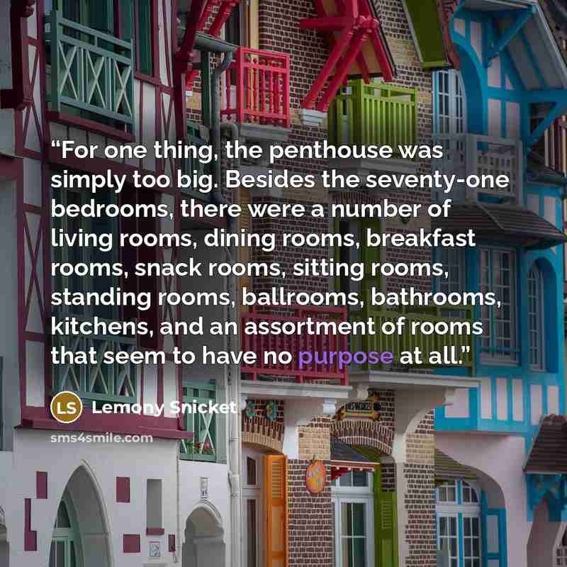 “For one thing, the penthouse was simply too big. Besides the seventy-one bedrooms, there were a number of living rooms, dining rooms, breakfast rooms, snack rooms, sitting rooms, standing rooms, ballrooms, bathrooms, kitchens, and an assortment of rooms that seem to have no purpose at all.” quote by Lemony Snicket