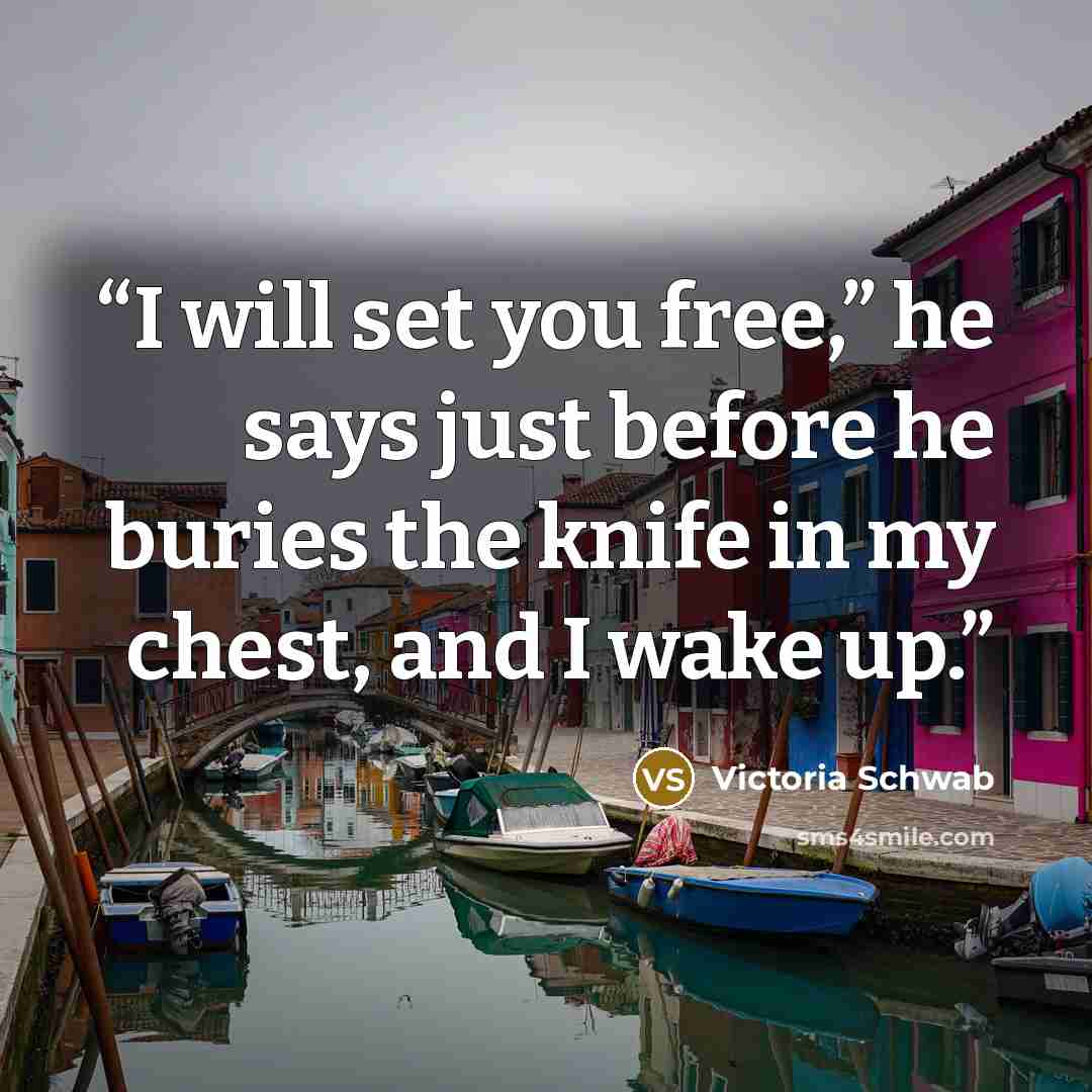“I will set you free,” he says just before he buries the knife in my chest, and I wake up.” quote by Victoria Schwab