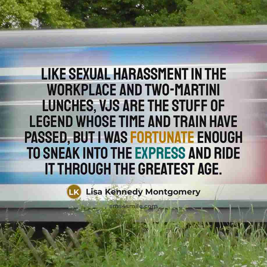 “Like sexual harassment in the workplace and two-martini lunches, VJs…” quote by Lisa Kennedy Montgomery