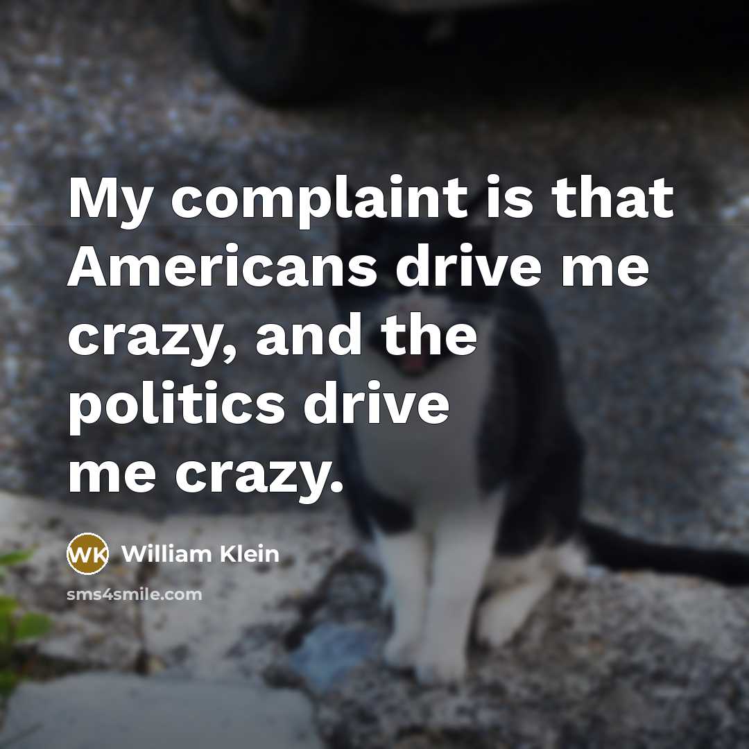 “My complaint is that Americans drive me crazy, and the politics drive me crazy.” quote by William Klein