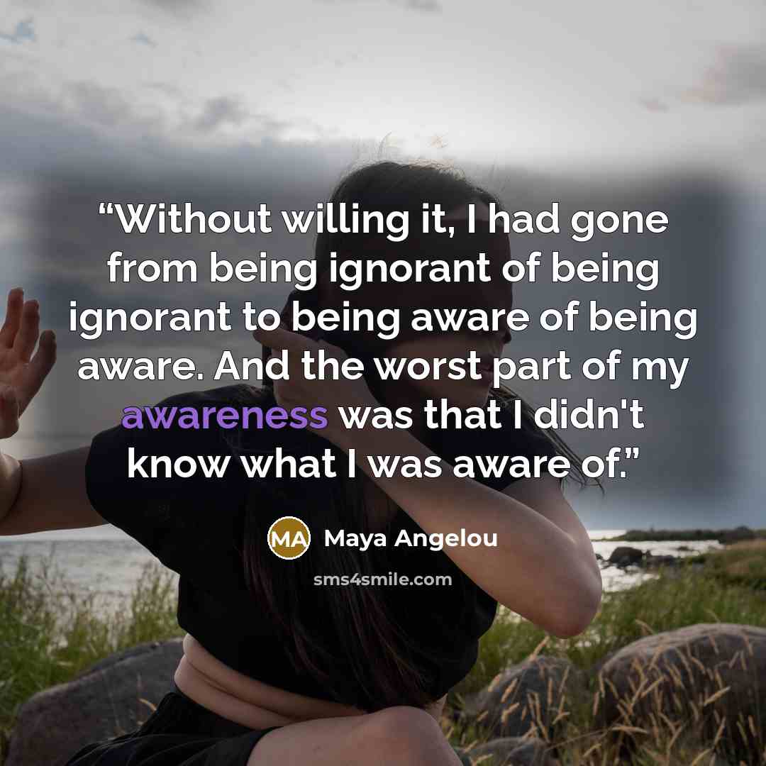 “Without willing it, I had gone from being ignorant of being ignorant to being aware of being aware. And the worst part of my awareness was that I didn't know what I was aware of.” quote by Maya Angelou