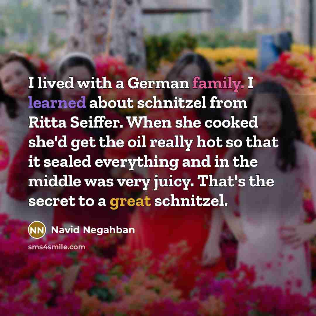 “I lived with a German family. I learned about schnitzel…” quote by Navid Negahban