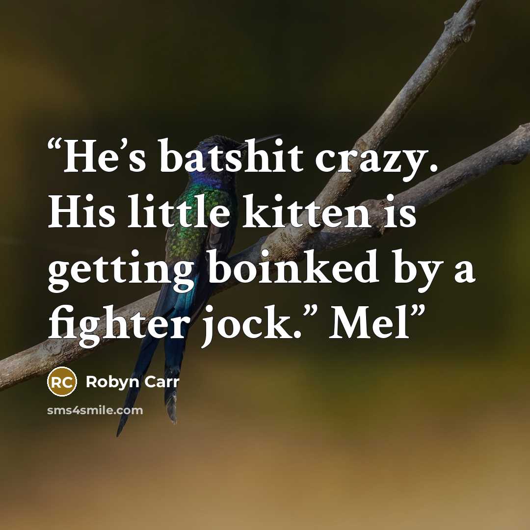 “He’s batshit crazy. His little kitten is getting boinked by a fighter jock.” Mel” quote by Robyn Carr