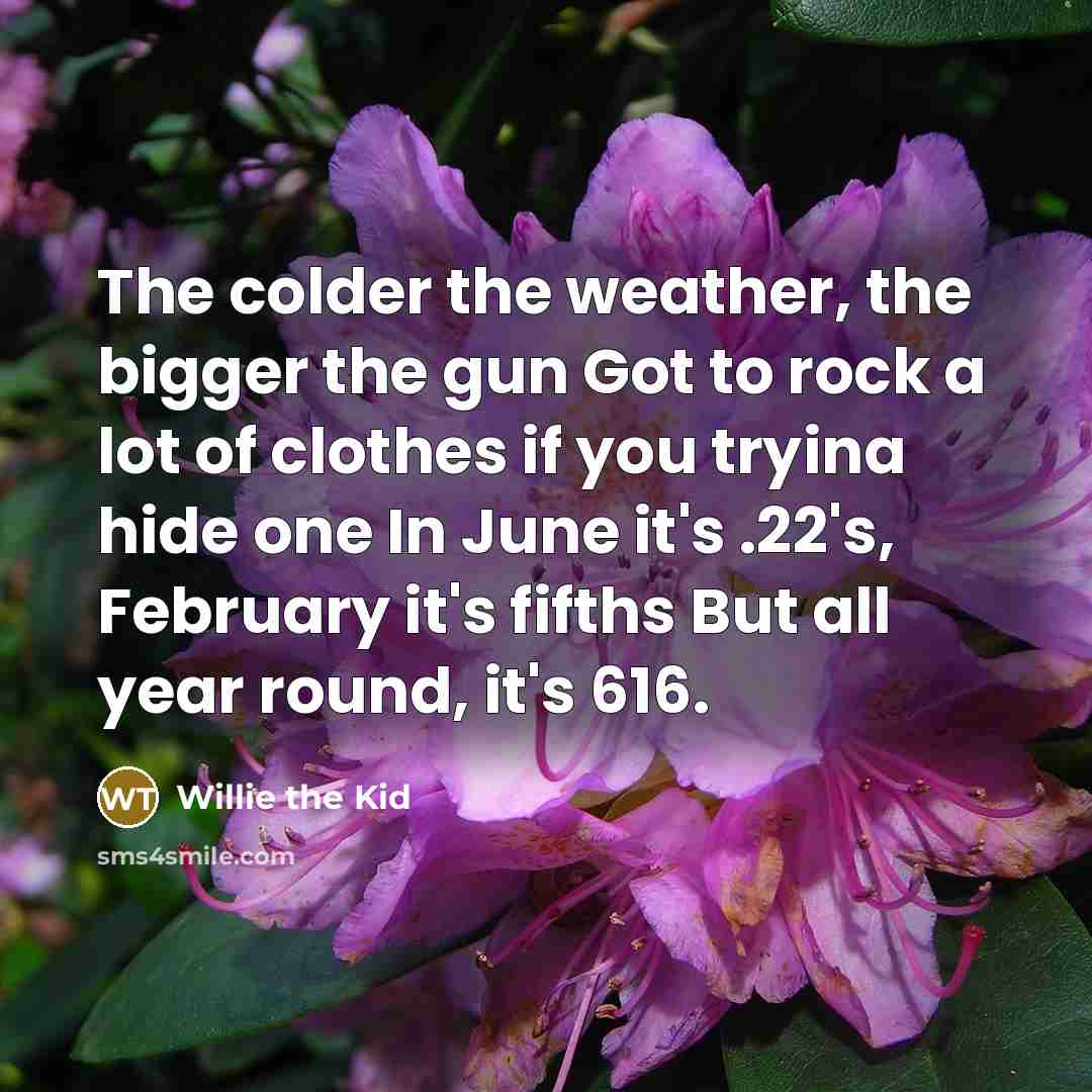 “The colder the weather, the bigger the gun Got to rock a lot of clothes if you tryina hide one In June it's .22's, February it's fifths But all year round, it's 616.” quote by Willie the Kid
