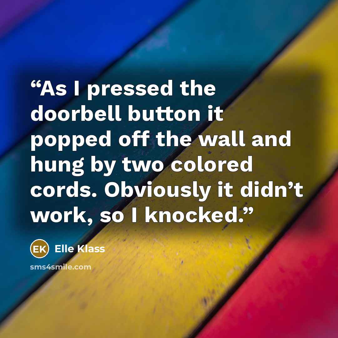 “As I pressed the doorbell button it popped off the wall and hung by two colored cords. Obviously it didn’t work, so I knocked.” quote by Elle Klass