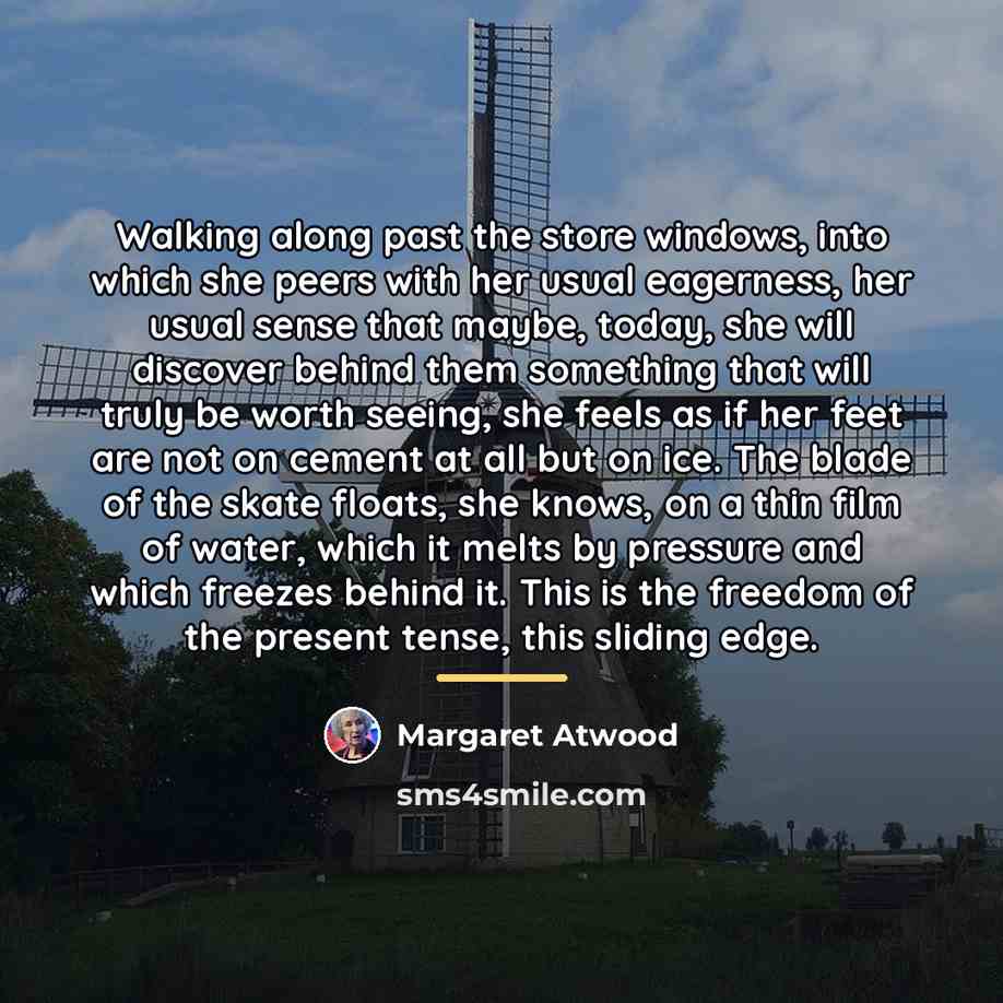 “Walking along past the store windows, into which she peers…” quote by Margaret Atwood