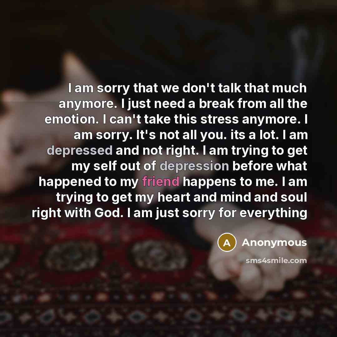 “I am sorry that we don't talk that much anymore. I just need a break from all the emotion. I can't take this stress anymore. I am sorry. It's not all you. its a lot. I am depressed and not right. I am trying to get my self out of depression before what happened to my friend happens to me. I am…” quote by Anonymous
