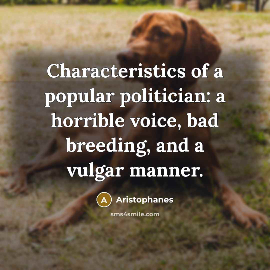 “Characteristics of a popular politician: a horrible voice, bad breeding,…” quote by Aristophanes