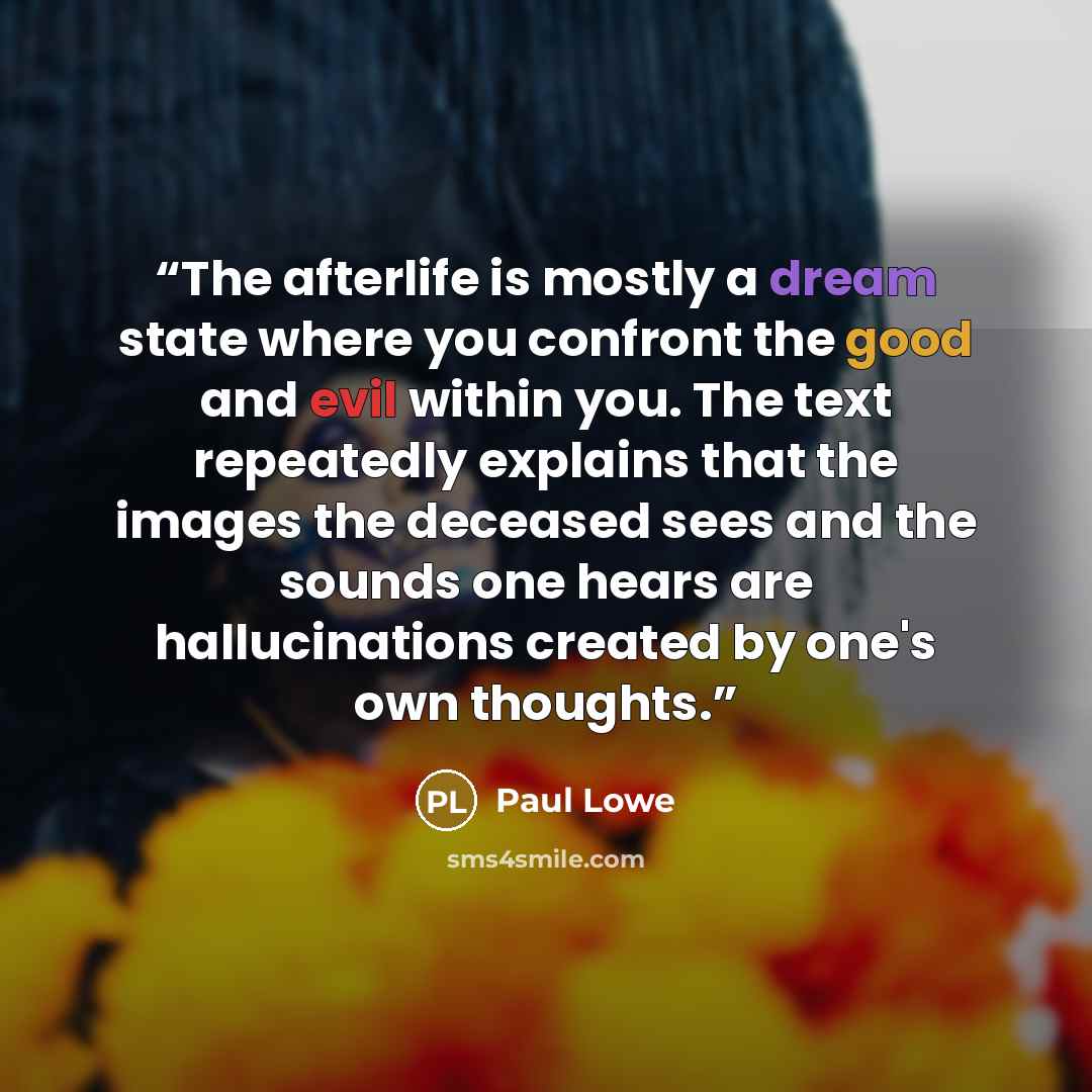 “The afterlife is mostly a dream state where you confront the good and evil within you. The text repeatedly explains that the images the deceased sees and the sounds one hears are hallucinations created by one's own thoughts.” quote by Paul Lowe