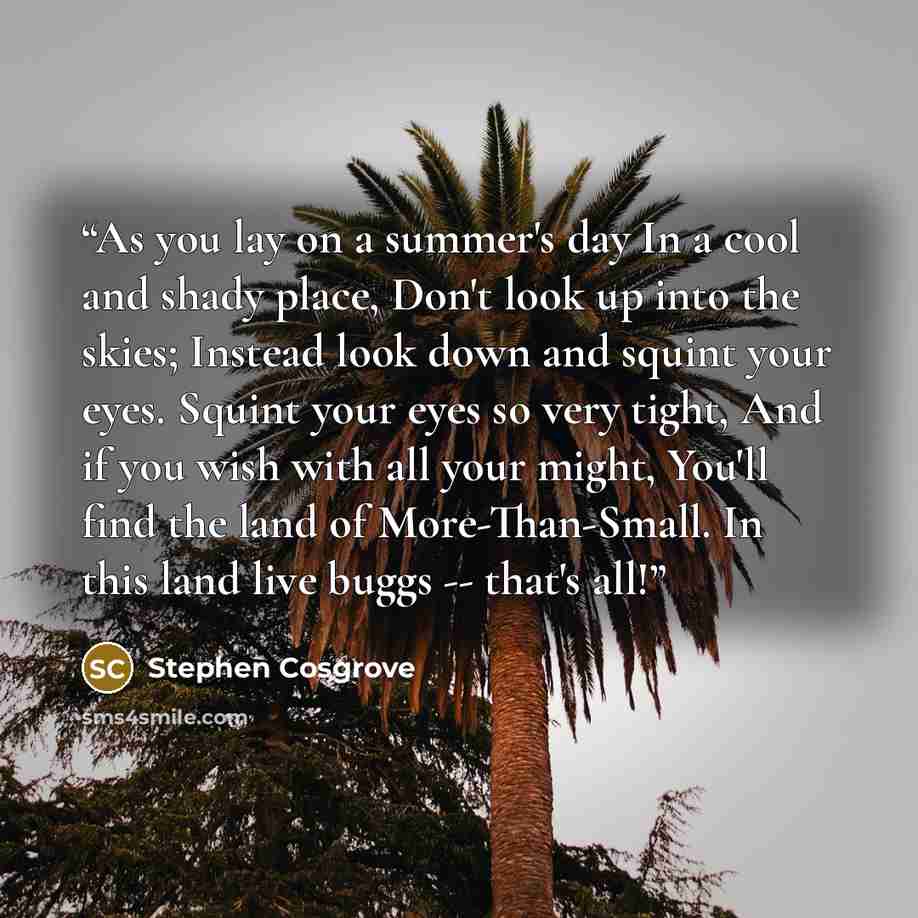 “As you lay on a summer's day In a cool and shady place, Don't look up into the skies; Instead look down and squint your eyes. Squint your eyes so very tight, And if you wish with all your might, You'll find the land of More-Than-Small. In this land live buggs -- that's all!” quote by Stephen Cosgrove