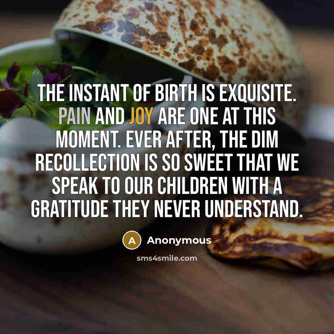 “The instant of birth is exquisite. Pain and joy are one at this moment. Ever after, the dim recollection is so sweet that we speak to our children with a gratitude they never understand.” quote by Anonymous