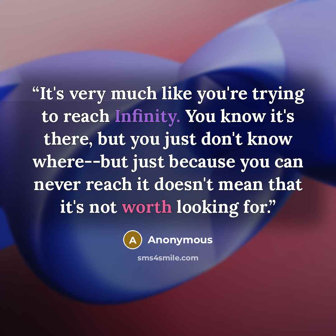 “It's very much like you're trying to reach Infinity. You know it's there, but you just don't know where--but just because you can never reach it doesn't mean that it's not worth looking for.” quote by Anonymous
