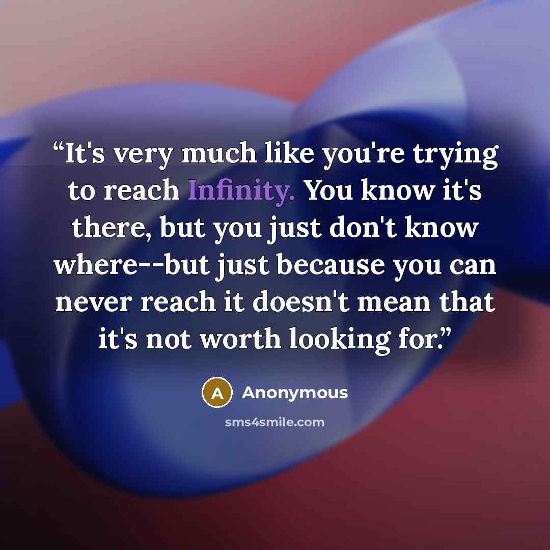 “It's very much like you're trying to reach Infinity. You know it's there, but you just don't know where--but just because you can never reach it doesn't mean that it's not worth looking for.” quote by Anonymous