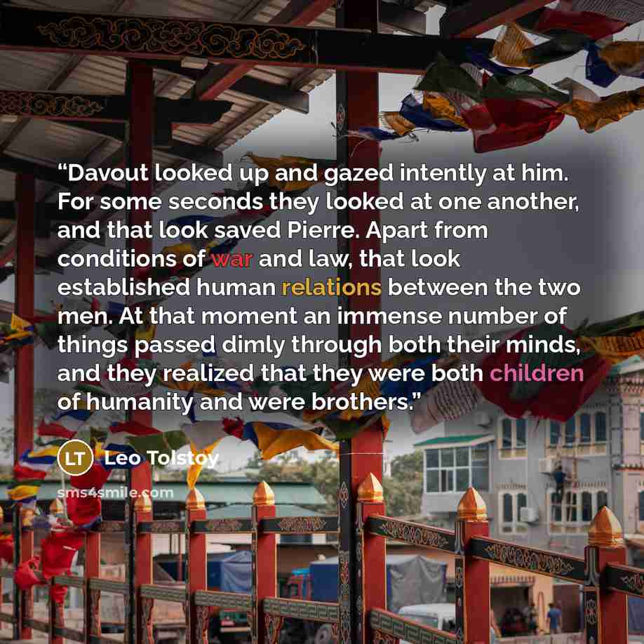 “Davout looked up and gazed intently at him. For some seconds they looked at one another, and that look saved Pierre. Apart from conditions of war and law, that look established human relations between the two men. At that moment an immense number of things passed dimly through both their minds…” quote by Leo Tolstoy