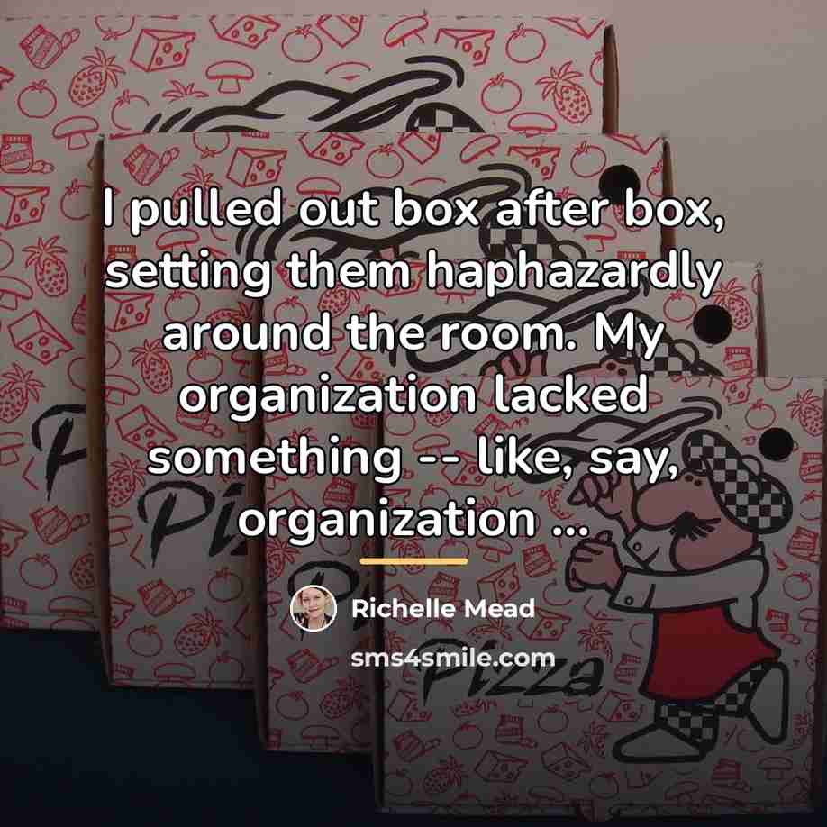 “I pulled out box after box, setting them haphazardly around…” quote by Richelle Mead