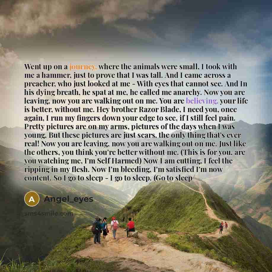 “Went up on a journey, where the animals were small, I took with me a hammer, just to prove that I was tall. And I came across a preacher, who just looked at me - With eyes that cannot see. And In his dying breath, he spat at me, he called me anarchy. Now you are leaving, now you are walking out on…” quote by Angel_eyes