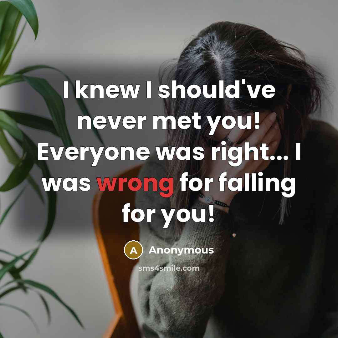 “I knew I should've never met you! Everyone was right... I was wrong for falling for you!” quote by Anonymous