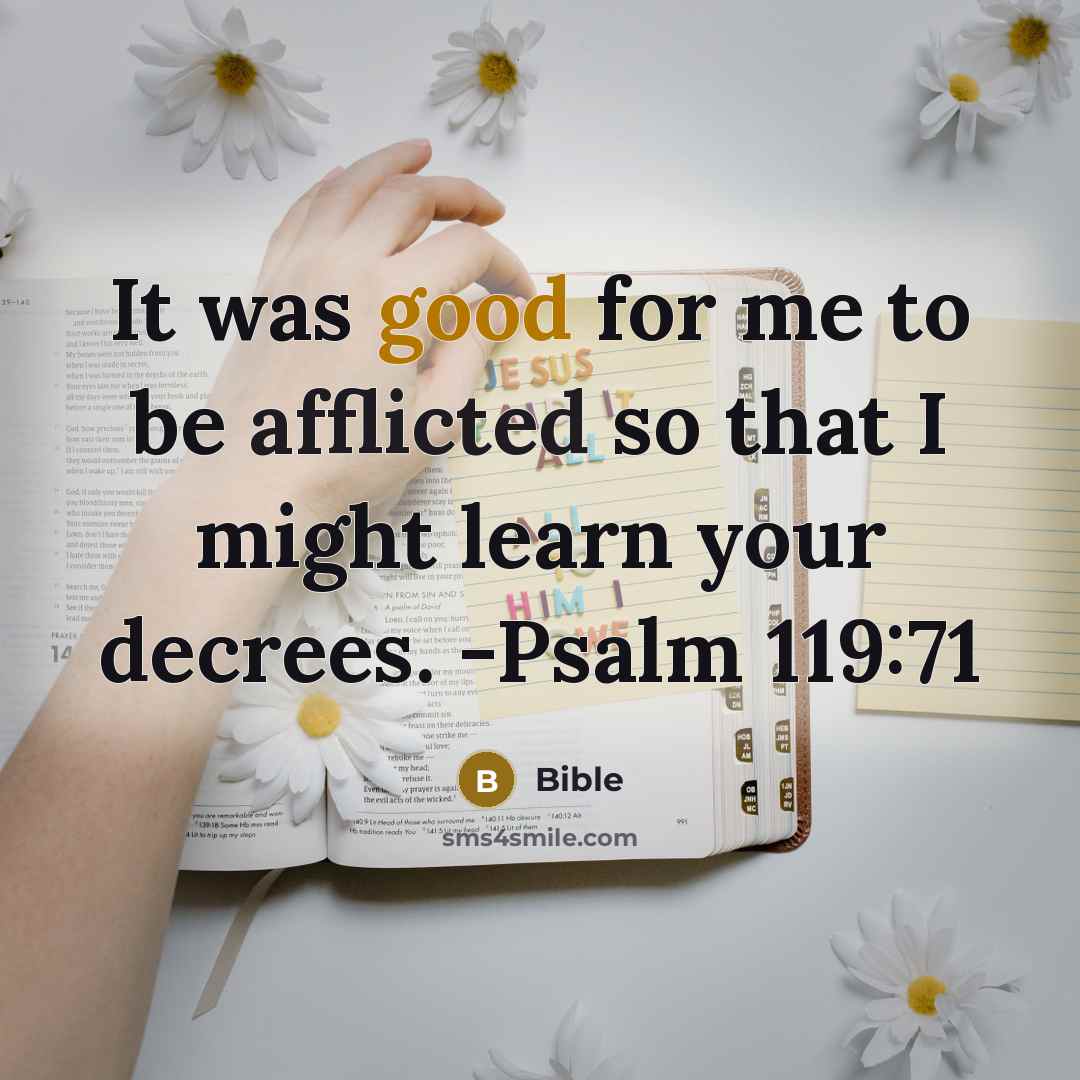 “It was good for me to be afflicted so that I might learn your decrees. -Psalm 119:71” quote by Bible