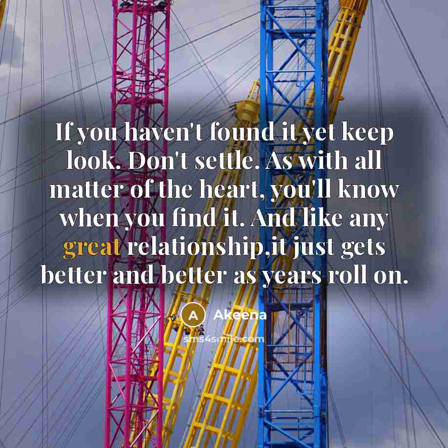 “If you haven't found it yet keep look. Don't settle. As with all matter of the heart, you'll know when you find it. And like any great relationship,it just gets better and better as years roll on.” quote by Akeena