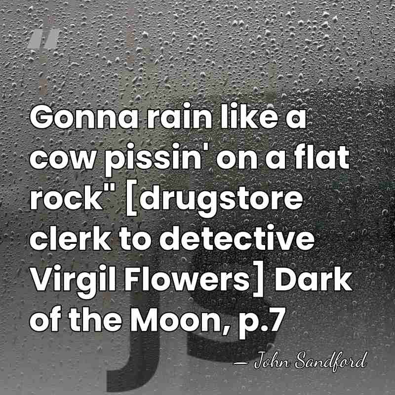 Gonna rain like a cow pissin' on a flat rock" [drugstore clerk&hellip; - John Sandford