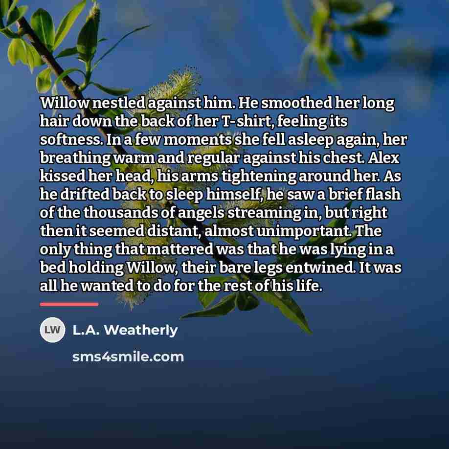 “Willow nestled against him. He smoothed her long hair down…” quote by L.A. Weatherly