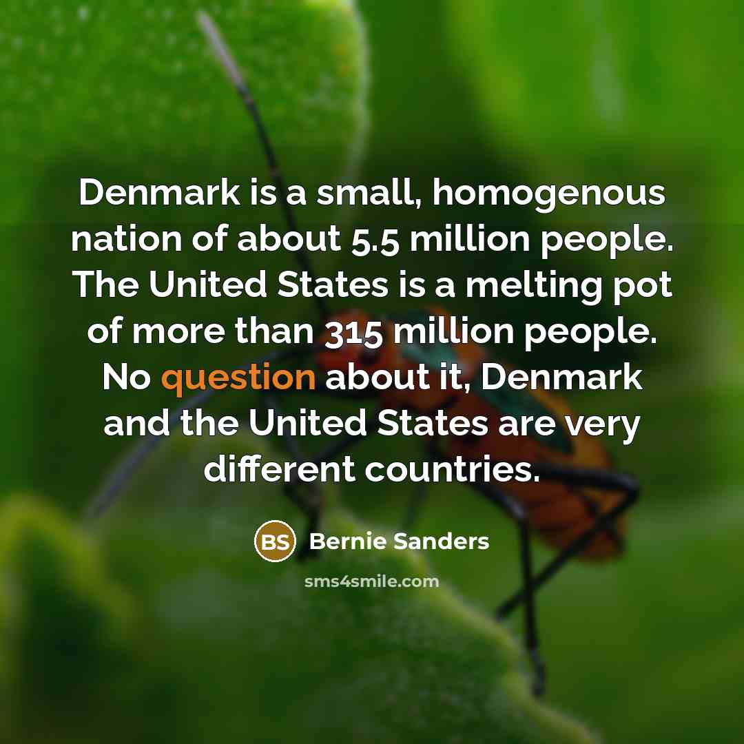 “Denmark is a small, homogenous nation of about 5.5 million people. The United States is a melting pot of more than 315 million people. No question about it, Denmark and the United States are very different countries.” quote by Bernie Sanders