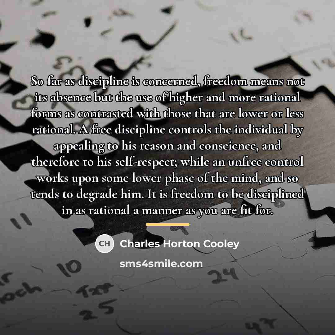 “So far as discipline is concerned, freedom means not its…” quote by Charles Horton Cooley
