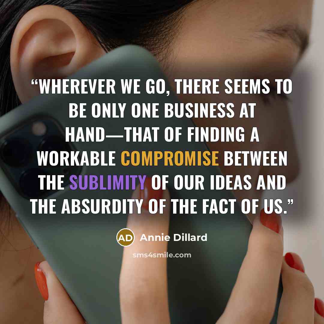 “Wherever we go, there seems to be only one business at hand—that of finding a workable compromise between the sublimity of our ideas and the absurdity of the fact of us.” quote by Annie Dillard
