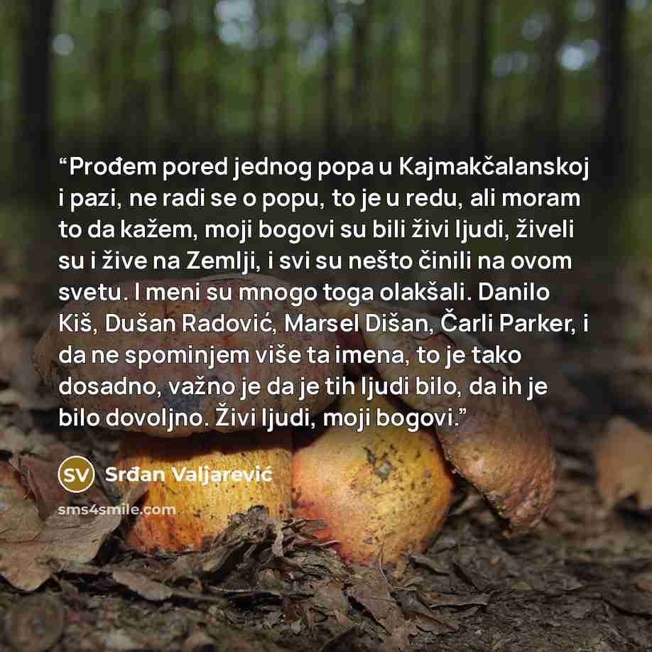 “Prođem pored jednog popa u Kajmakčalanskoj i pazi, ne radi se o popu, to je u redu, ali moram to da kažem, moji bogovi su bili živi ljudi, živeli su i žive na Zemlji, i svi su nešto činili na ovom svetu. I meni su mnogo toga olakšali. Danilo Kiš, Dušan Radović, Marsel Dišan, Čarli Parker, i da ne…” quote by Srđan Valjarević