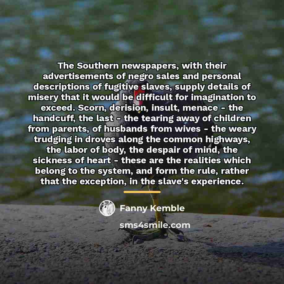 “The Southern newspapers, with their advertisements of negro sales and…” quote by Fanny Kemble