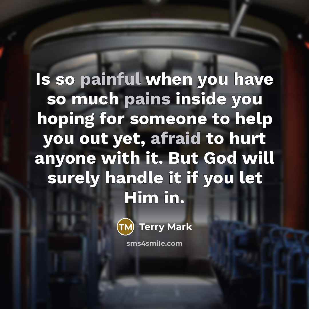 “Is so painful when you have so much pains inside you hoping for someone to help you out yet, afraid to hurt anyone with it. But God will surely handle it if you let Him in.” quote by Terry Mark