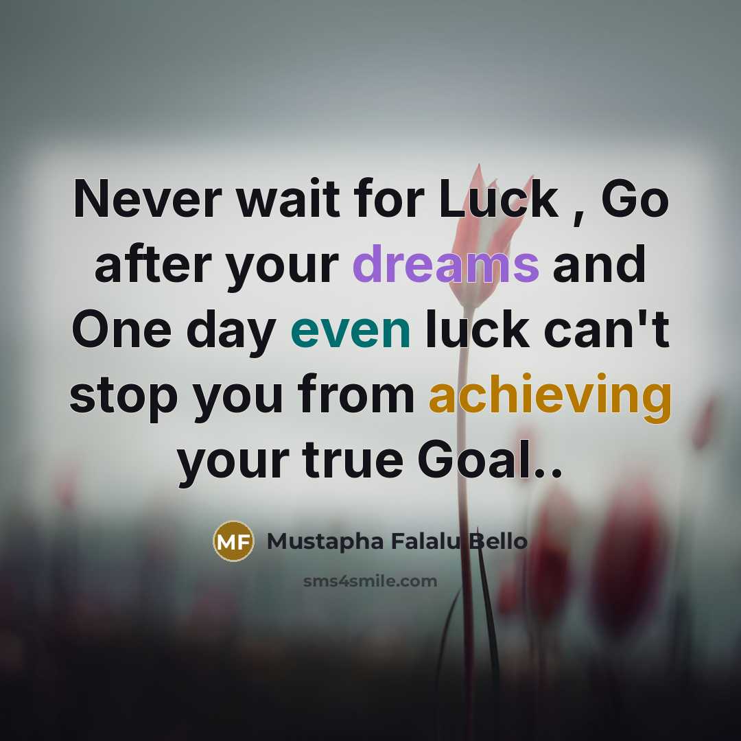 “Never wait for Luck , Go after your dreams and One day even luck can't stop you from achieving your true Goal..” quote by Mustapha Falalu Bello