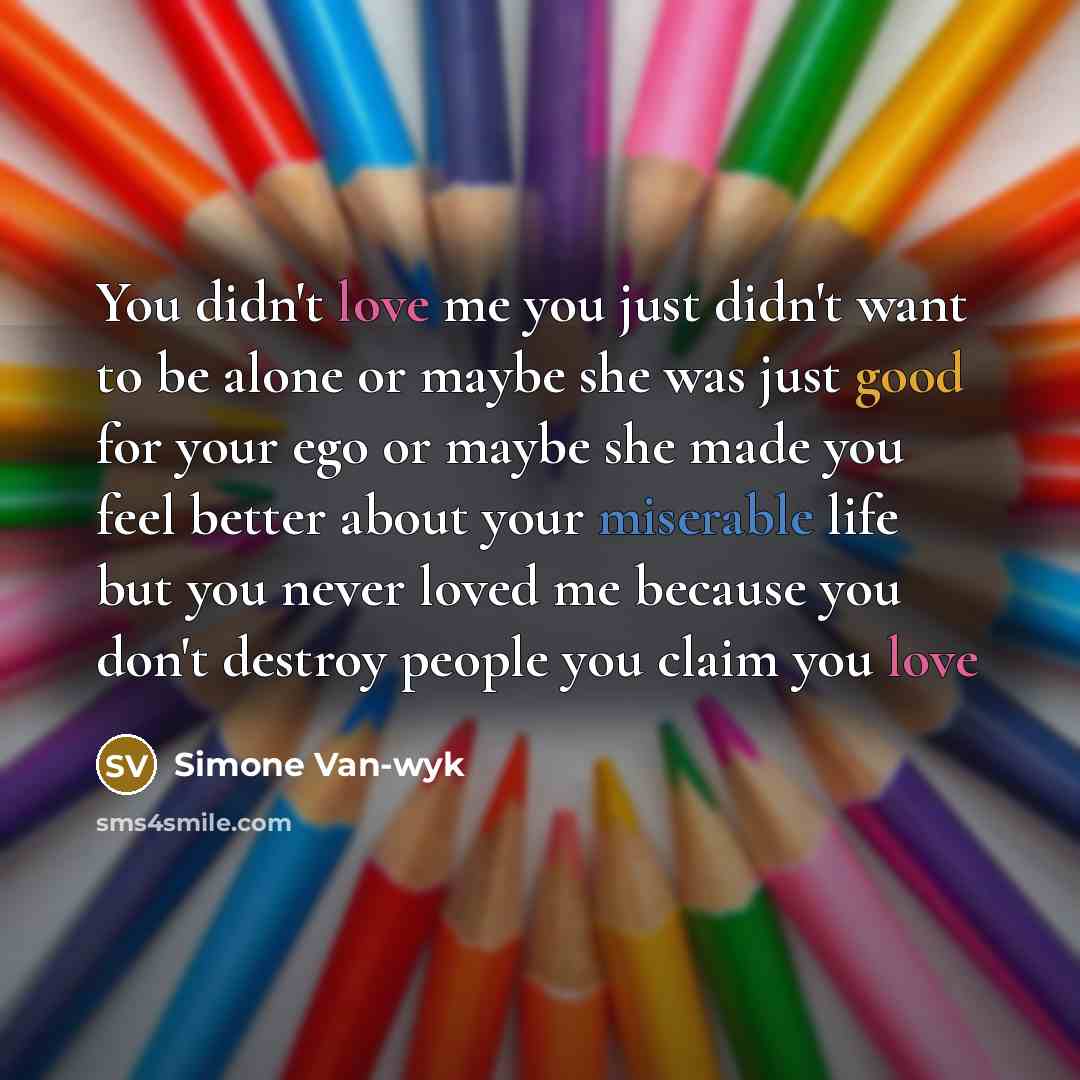 “You didn't love me you just didn't want to be alone or maybe she was just good for your ego or maybe she made you feel better about your miserable life but you never loved me because you don't destroy people you claim you love” quote by Simone Van-wyk