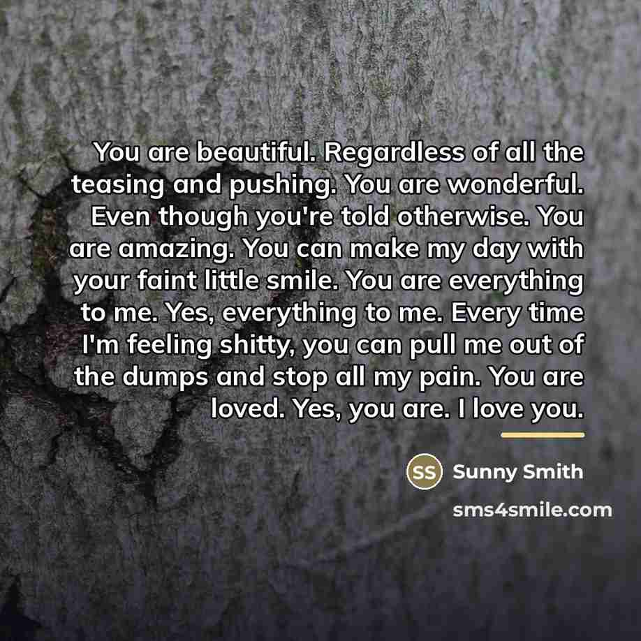 “You are beautiful. Regardless of all the teasing and pushing.…” quote by Sunny Smith