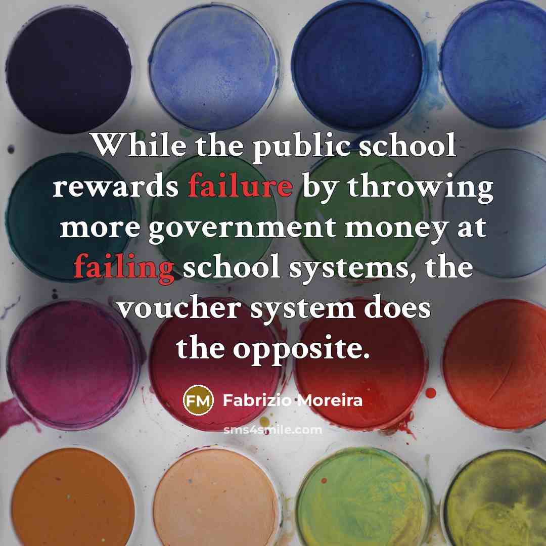 “While the public school rewards failure by throwing more government money at failing school systems, the voucher system does the opposite.” quote by Fabrizio Moreira