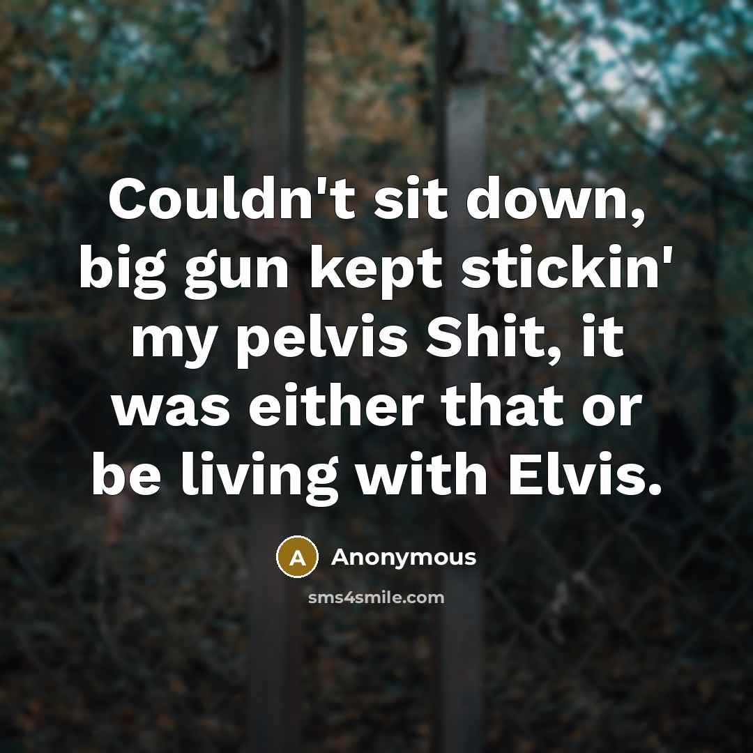 “Couldn't sit down, big gun kept stickin' my pelvis Shit, it was either that or be living with Elvis.” quote by Anonymous