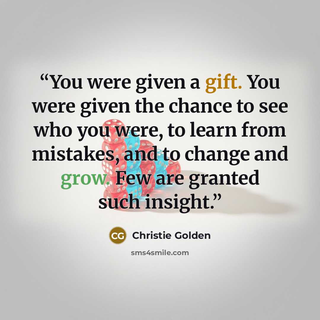 “You were given a gift. You were given the chance to see who you were, to learn from mistakes, and to change and grow. Few are granted such insight.” quote by Christie Golden