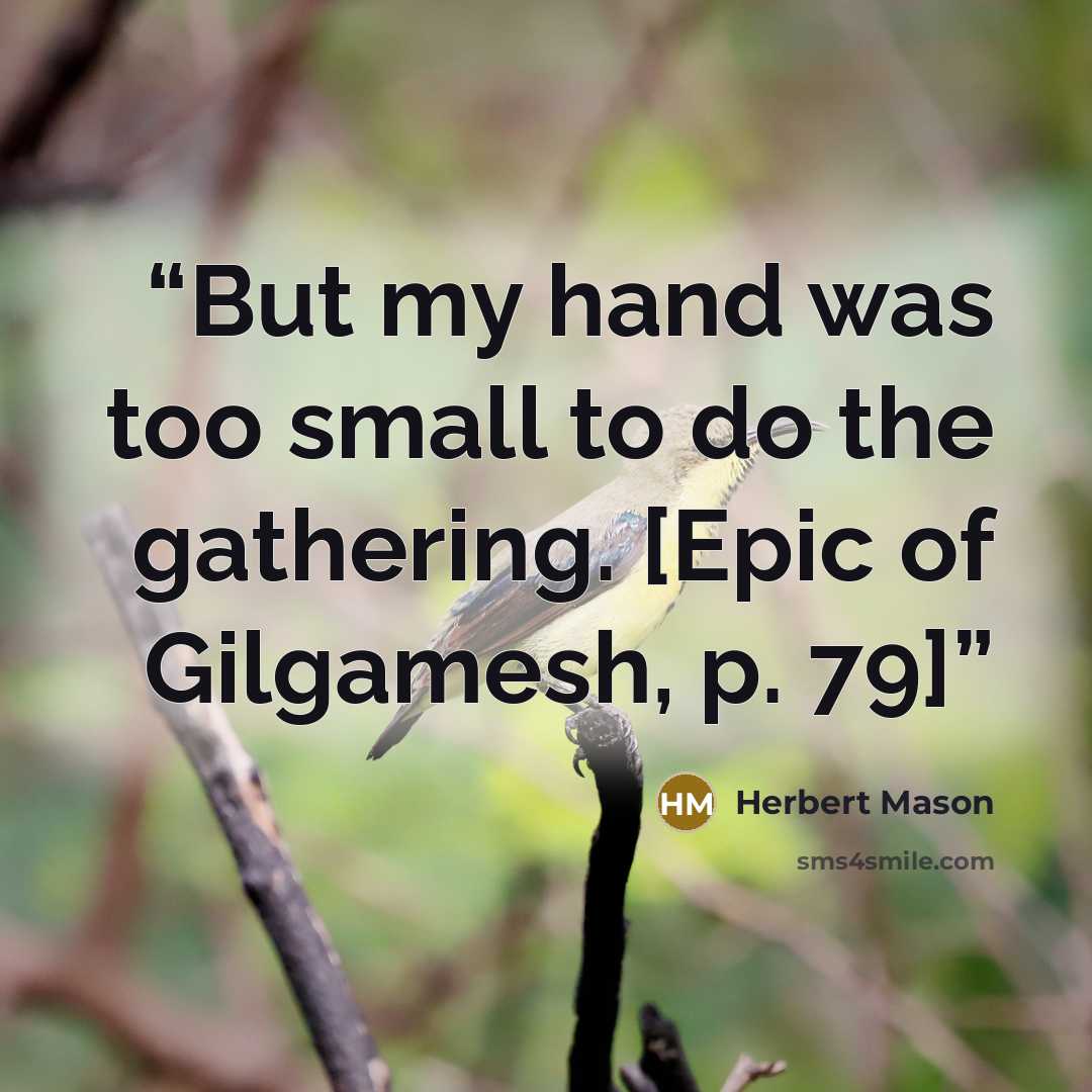 “But my hand was too small to do the gathering. [Epic of Gilgamesh, p. 79]” quote by Herbert Mason