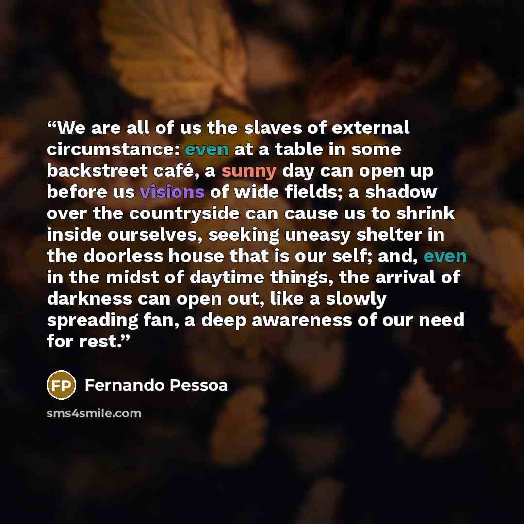 “We are all of us the slaves of external circumstance: even at a table in some backstreet café, a sunny day can open up before us visions of wide fields; a shadow over the countryside can cause us to shrink inside ourselves, seeking uneasy shelter in the doorless house that is our self; and, even…” quote by Fernando Pessoa