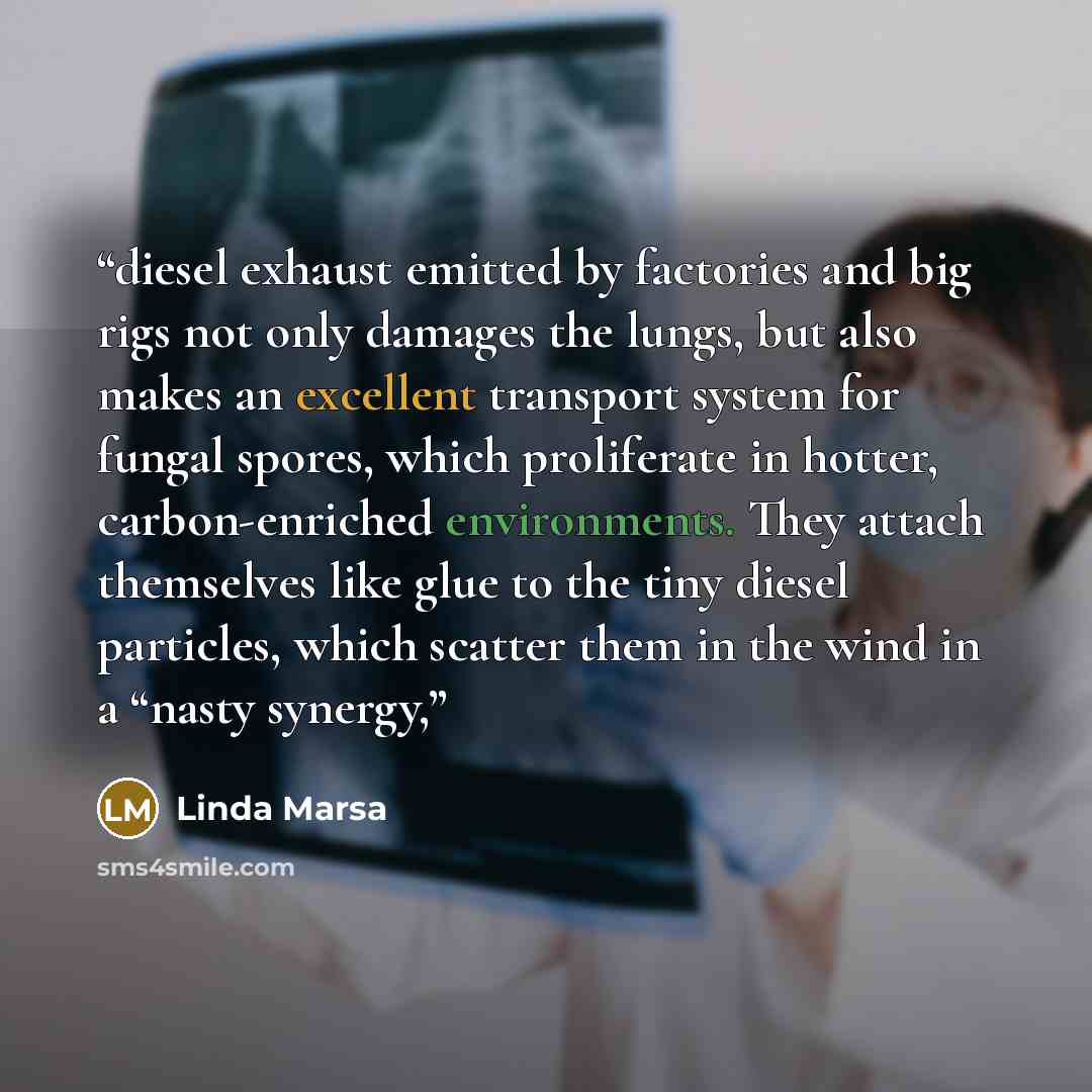 “diesel exhaust emitted by factories and big rigs not only damages the lungs, but also makes an excellent transport system for fungal spores, which proliferate in hotter, carbon-enriched environments. They attach themselves like glue to the tiny diesel particles, which scatter them in the wind in a…” quote by Linda Marsa