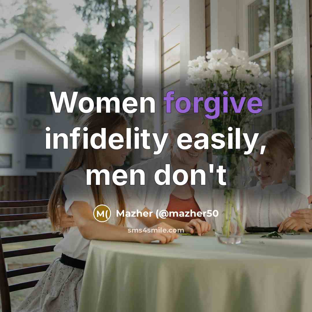 “Women forgive infidelity easily, men don't…” quote by Mazher (@mazher50