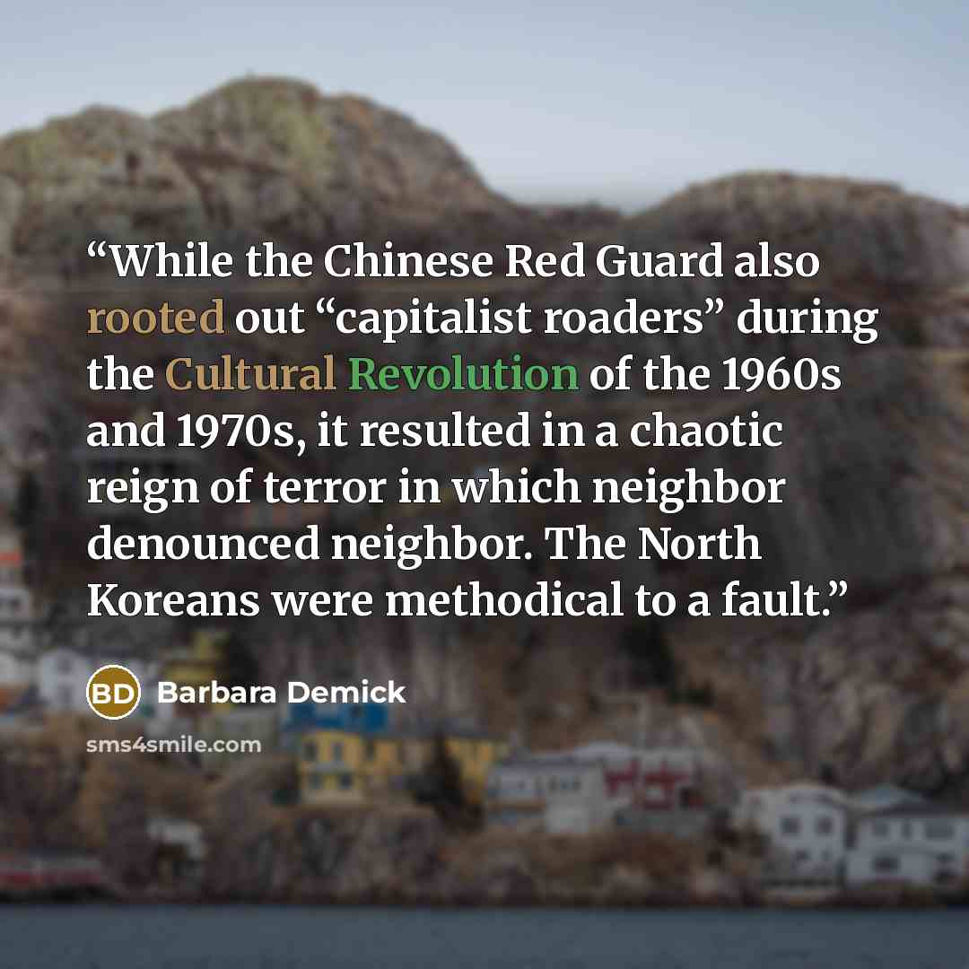 “While the Chinese Red Guard also rooted out “capitalist roaders” during the Cultural Revolution of the 1960s and 1970s, it resulted in a chaotic reign of terror in which neighbor denounced neighbor. The North Koreans were methodical to a fault.” quote by Barbara Demick