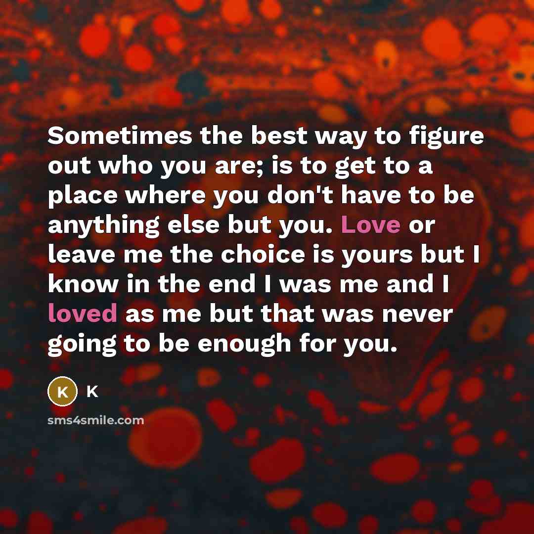 “Sometimes the best way to figure out who you are; is to get to a place where you don't have to be anything else but you. Love or leave me the choice is yours but I know in the end I was me and I loved as me but that was never going to be enough for you.” quote by K