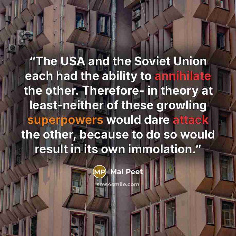 “The USA and the Soviet Union each had the ability to annihilate the other. Therefore- in theory at least-neither of these growling superpowers would dare attack the other, because to do so would result in its own immolation.” quote by Mal Peet