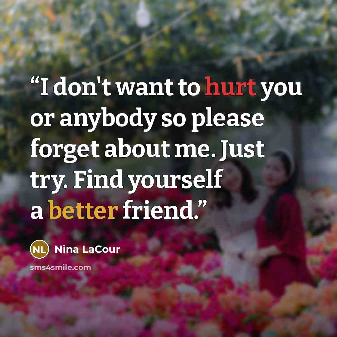 “I don't want to hurt you or anybody so please forget about me. Just try. Find yourself a better friend.” quote by Nina LaCour
